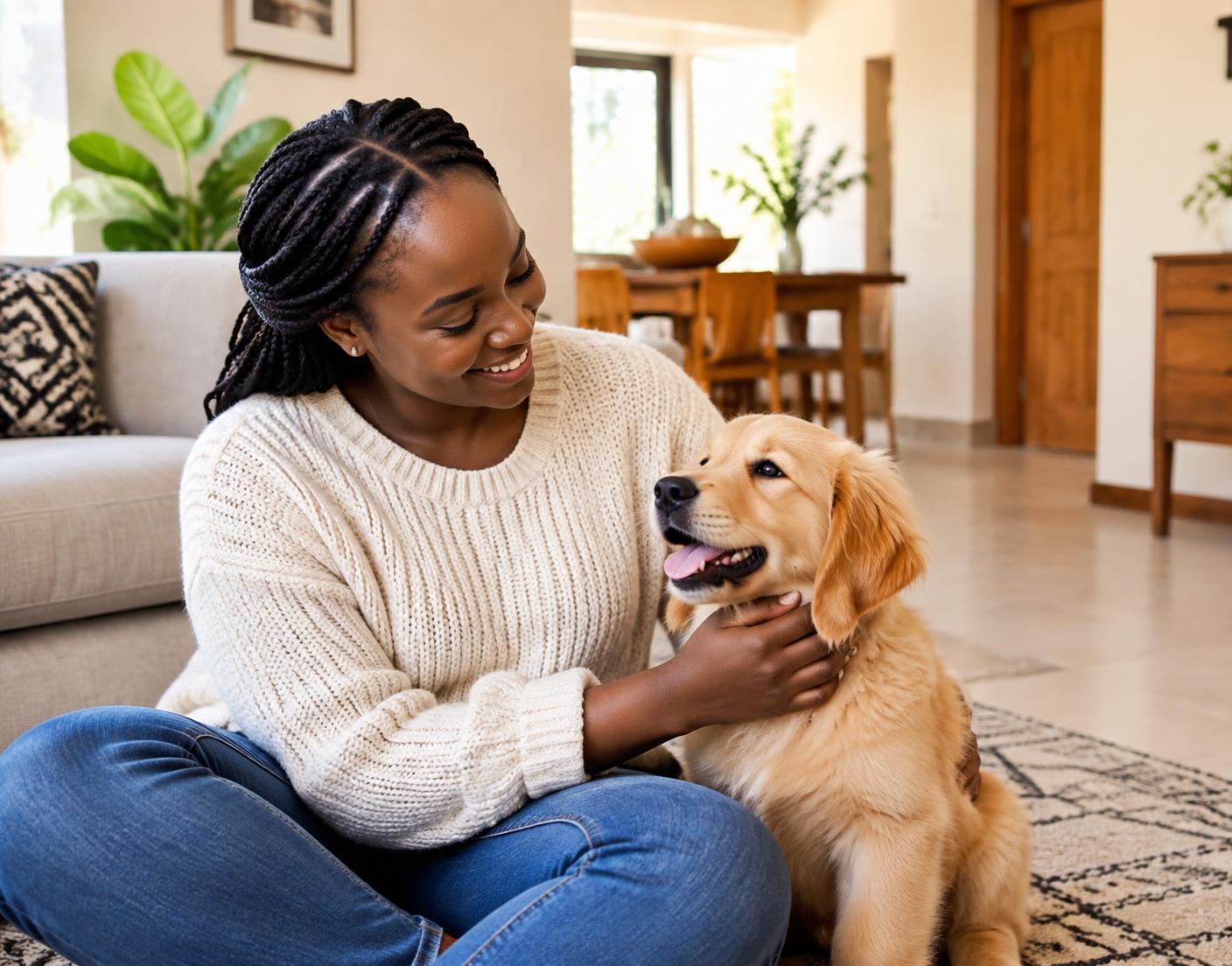 Person caring for a Golden Retriever puppy — temporary illustrative image