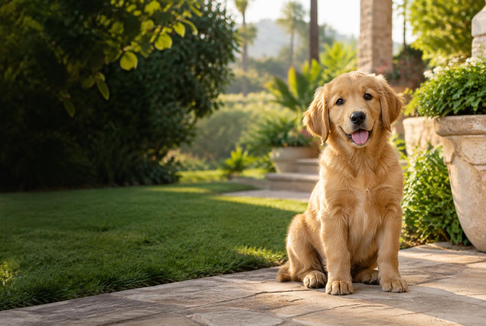 Golden Retriever puppy in a garden — temporary illustrative image